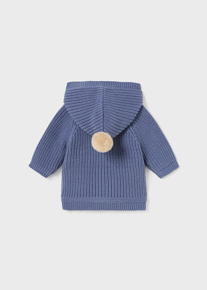 Cardigan doppiato in tricot con cappuccio ed alamari